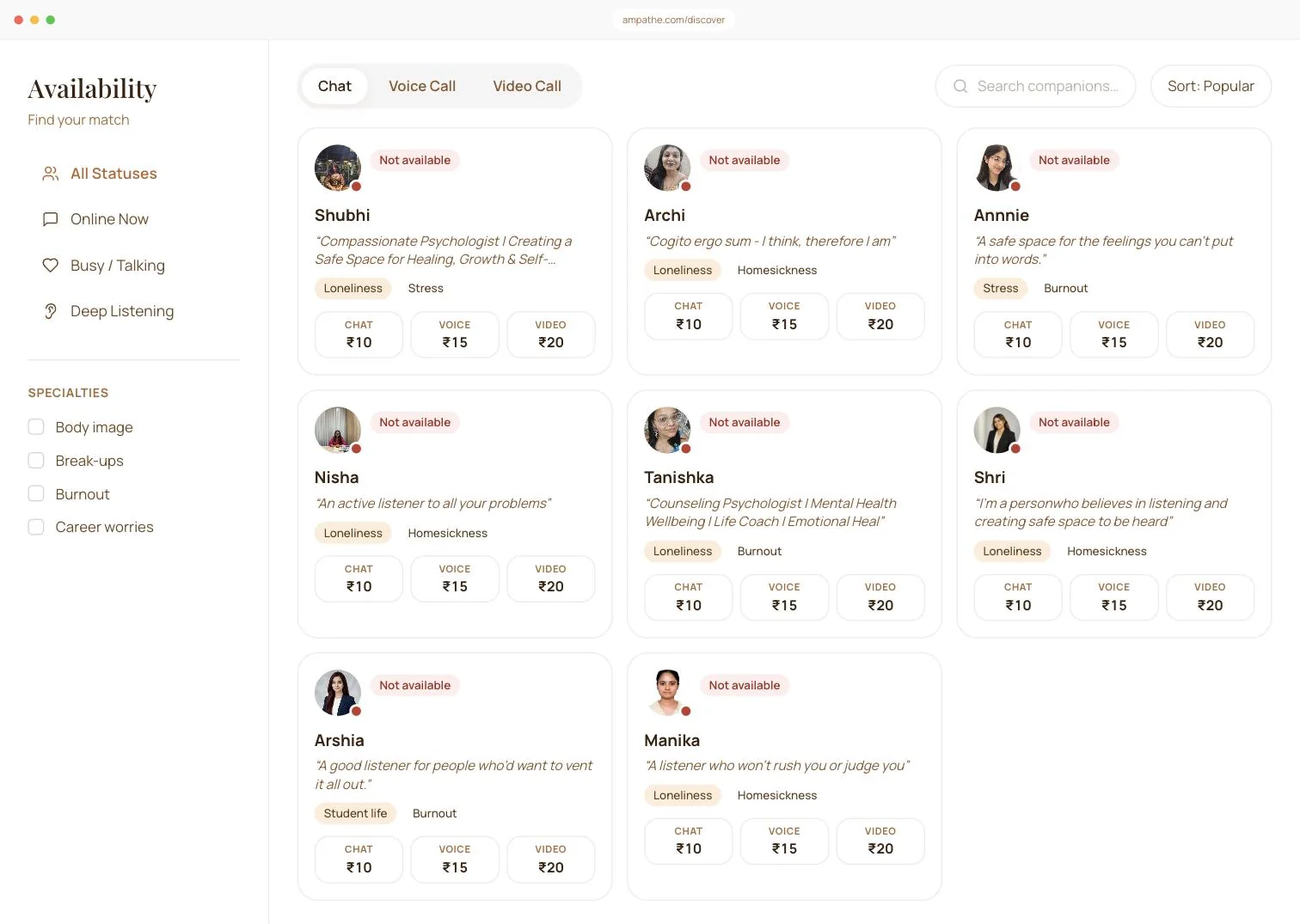 The Ampathe directory: companion cards showing each person’s focus and their per-minute rate for chat, voice and video.